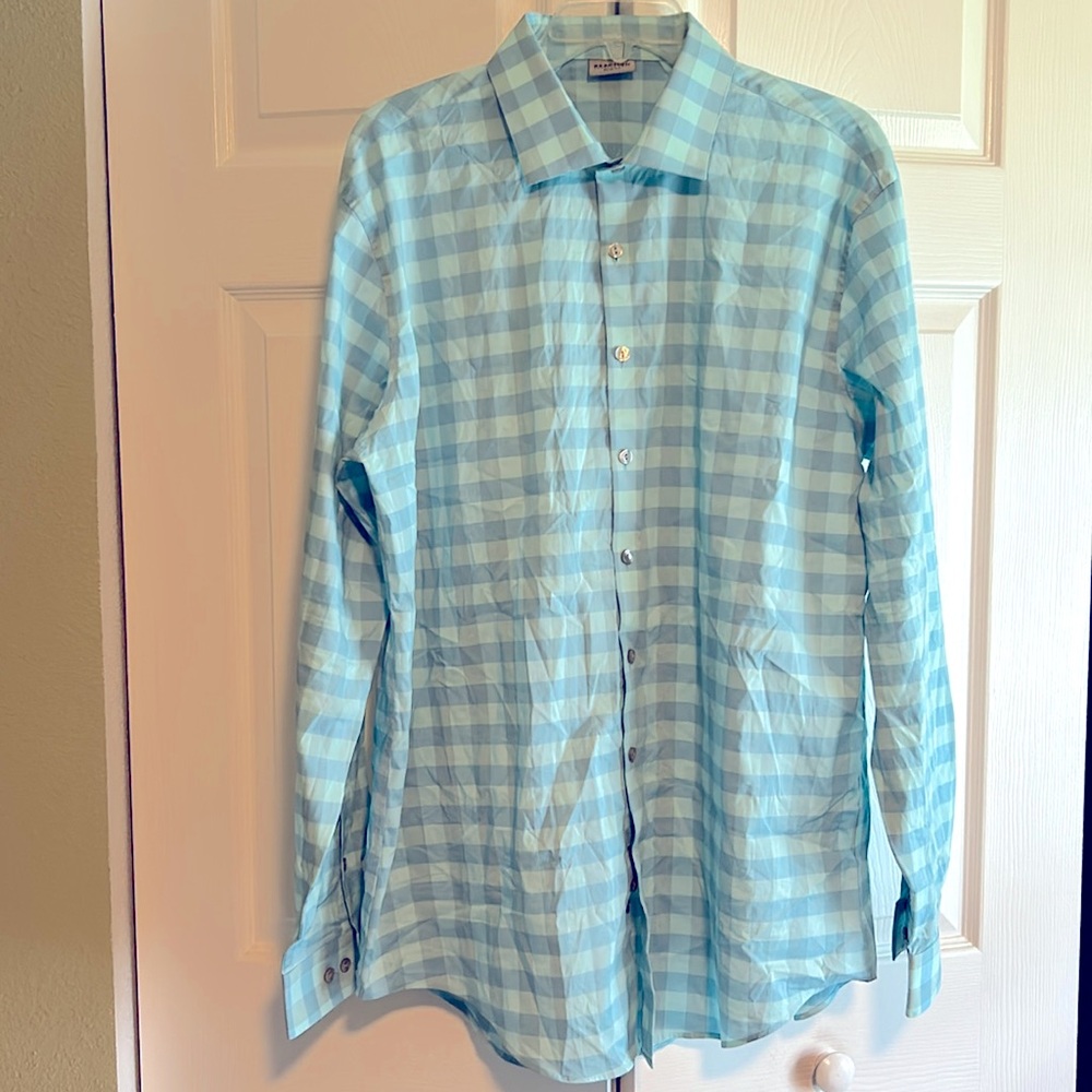 Reaction Kenneth Cole Button Down Dress Shirt 17 Neck 34/35 Arm - blue